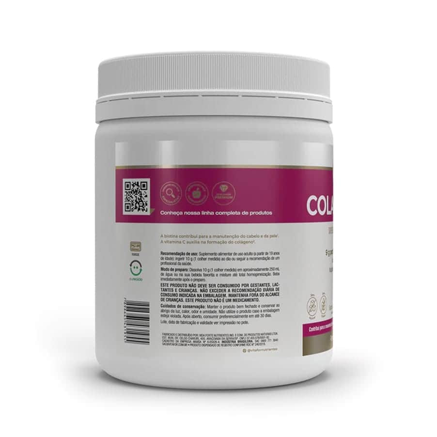 Suplemento alimentar à base de colagénio hidrolisado, fornecendo 9g por porção, enriquecido com vitaminas e minerais que auxiliam na formação de colagénio e na manutenção da saúde da pele e do cabelo.