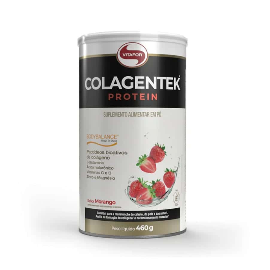 Suplemento alimentar em pó formulado com proteína isolada e hidrolisada de colagénio, incluindo péptidos de colagénio BODYBALANCE®.