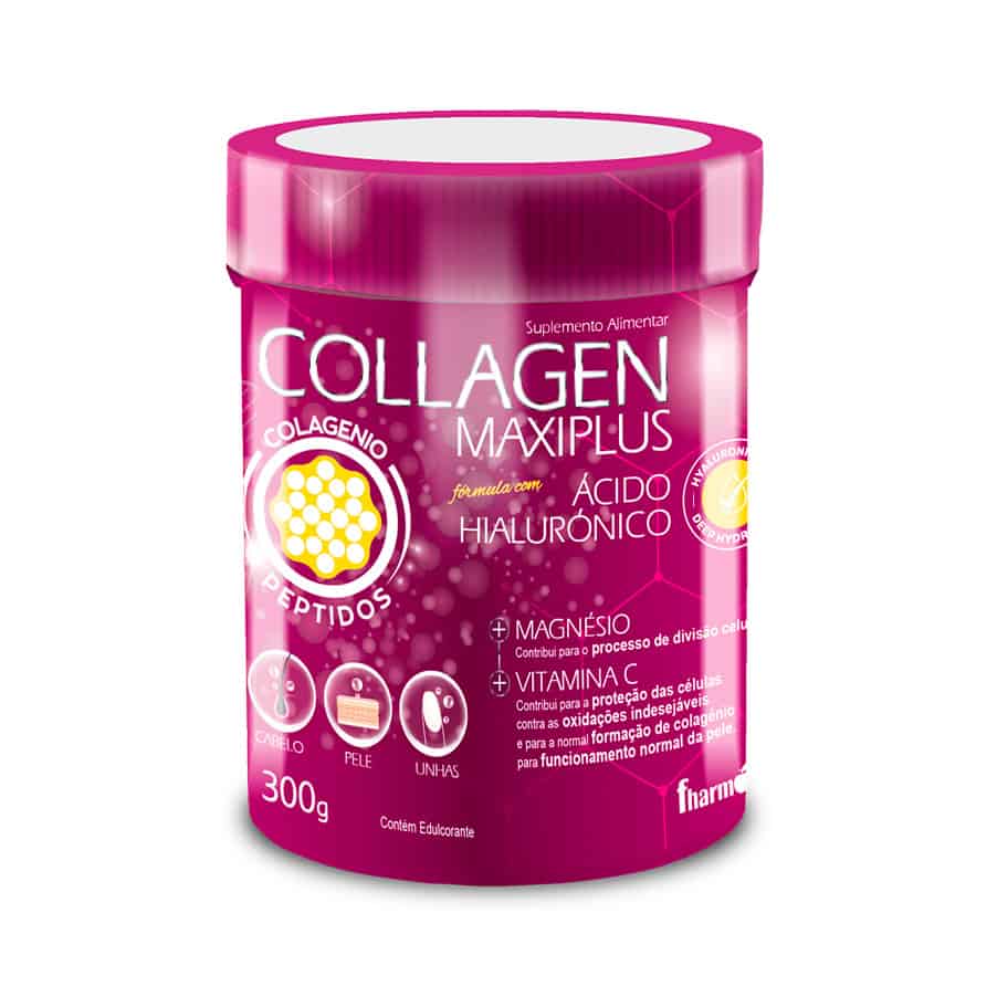 Embalagem do Collagen Maxiplus com Ácido Hialurónico 300g da Fharmonat, suplemento em pó para pele, articulações e firmeza