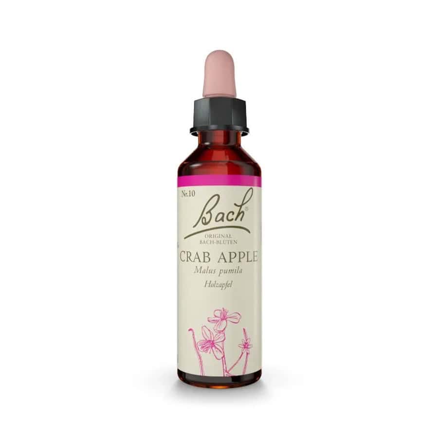 Crab Apple Floral de Bach 20 ml em frasco conta-gotas para promover aceitação pessoal e equilíbrio emocional.