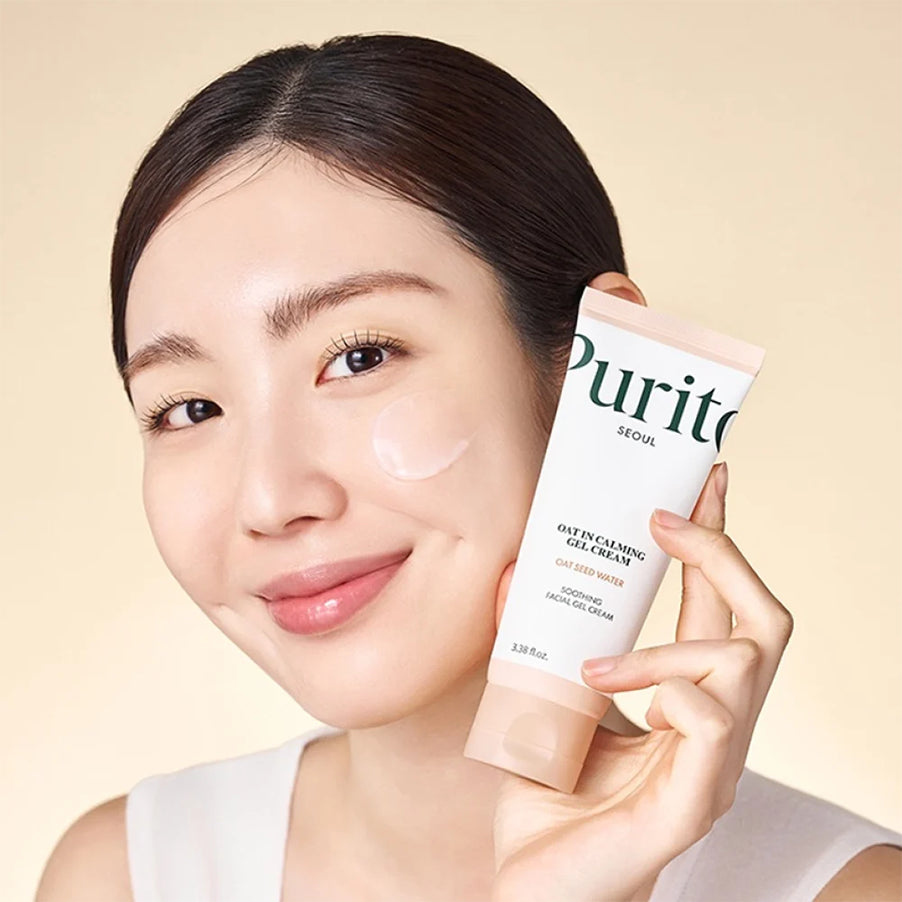 Creme Facial Gel Calmante Oat-In da Purito Seoul com água de sementes de aveia, embalagem de 100 ml.
