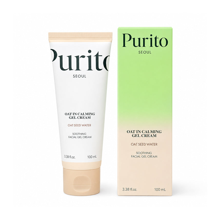 Creme Facial Gel Calmante Oat-In da Purito Seoul com água de sementes de aveia, embalagem de 100 ml.
