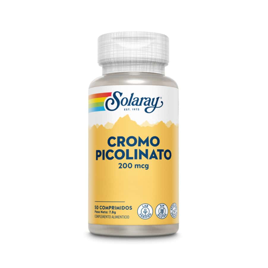 Suplemento alimentar Picolinato de Crómio 200mcg da marca Solaray em frasco com 50 comprimidos, fórmula que ajuda a regular os níveis de glicose e o metabolismo dos hidratos de carbono.