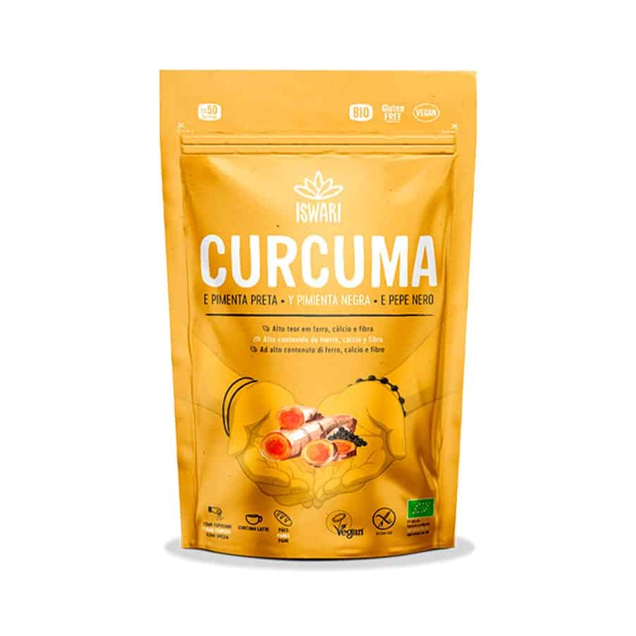 Cúrcuma e Pimenta Preta 150g Iswari, mistura biológica de especiarias em pó.