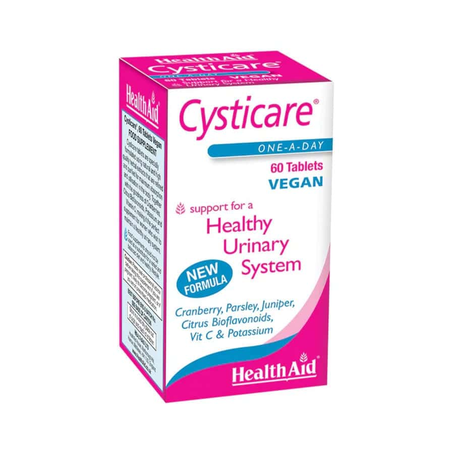 O Cysticare da Health Aid é um suplemento alimentar à base de amora, salsa, zimbro, bioflavonóides cítricos, vitamina C e potássio.