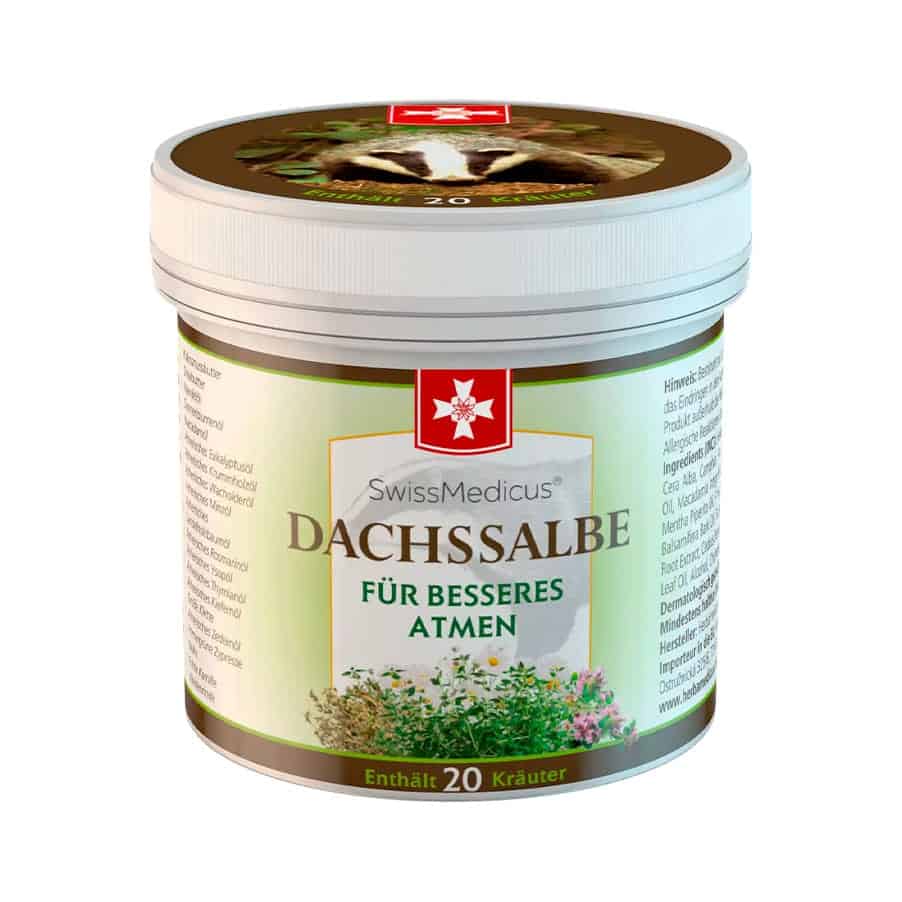 Dachssalbe Bálsamo Peitoral elaborado com manteiga de coco BIO e 20 extratos de ervas e plantas. Ideal para massajar a pele do peito, pescoço e costas.