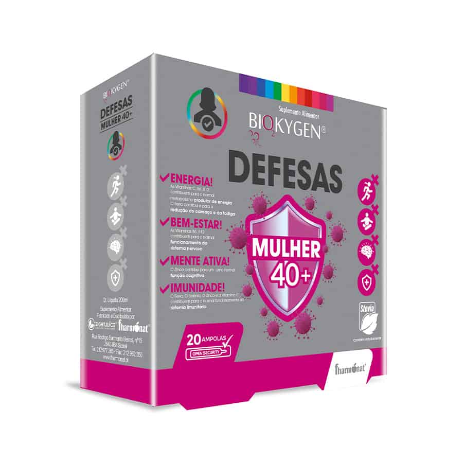 Defesas Mulher 40+ 20 Ampolas Biokygen, suplemento alimentar líquido com sabugueiro, equinácea, astragalus, arando, vitamina C, zinco e selénio.
