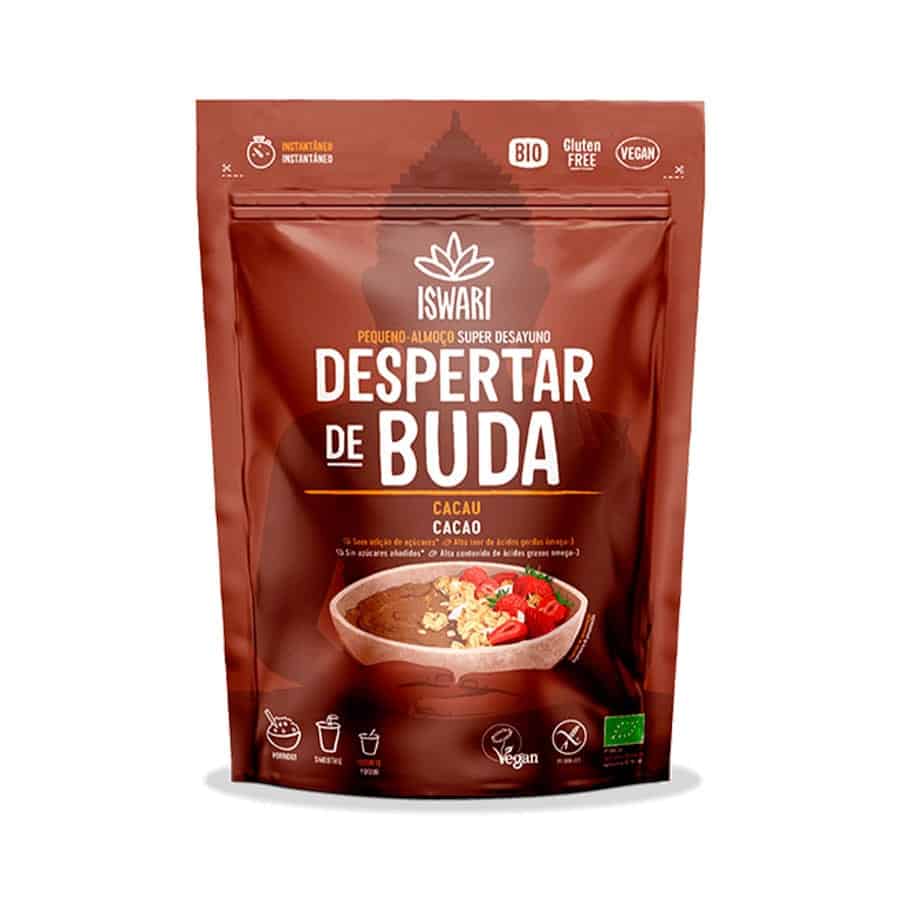 Despertar de Buda Cacau 360g Iswari, mistura vegetal em pó para pequenos-almoços e lanches.