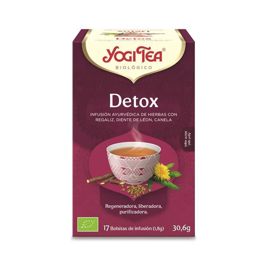 Infusão bio Detox Yogi Tea em caixa de 17 saquetas, mistura herbal biológica para purificação natural.