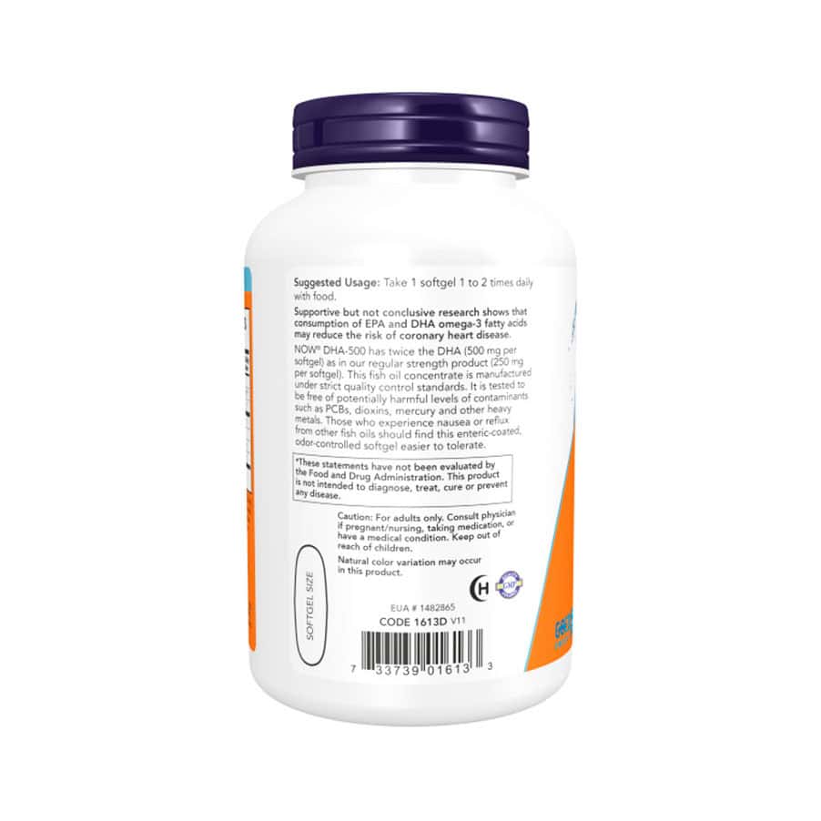 Frasco do DHA-500 Alta Potência com 180 cápsulas da Now, suplemento de ômega-3 concentrado para saúde cerebral e cardiovascular.