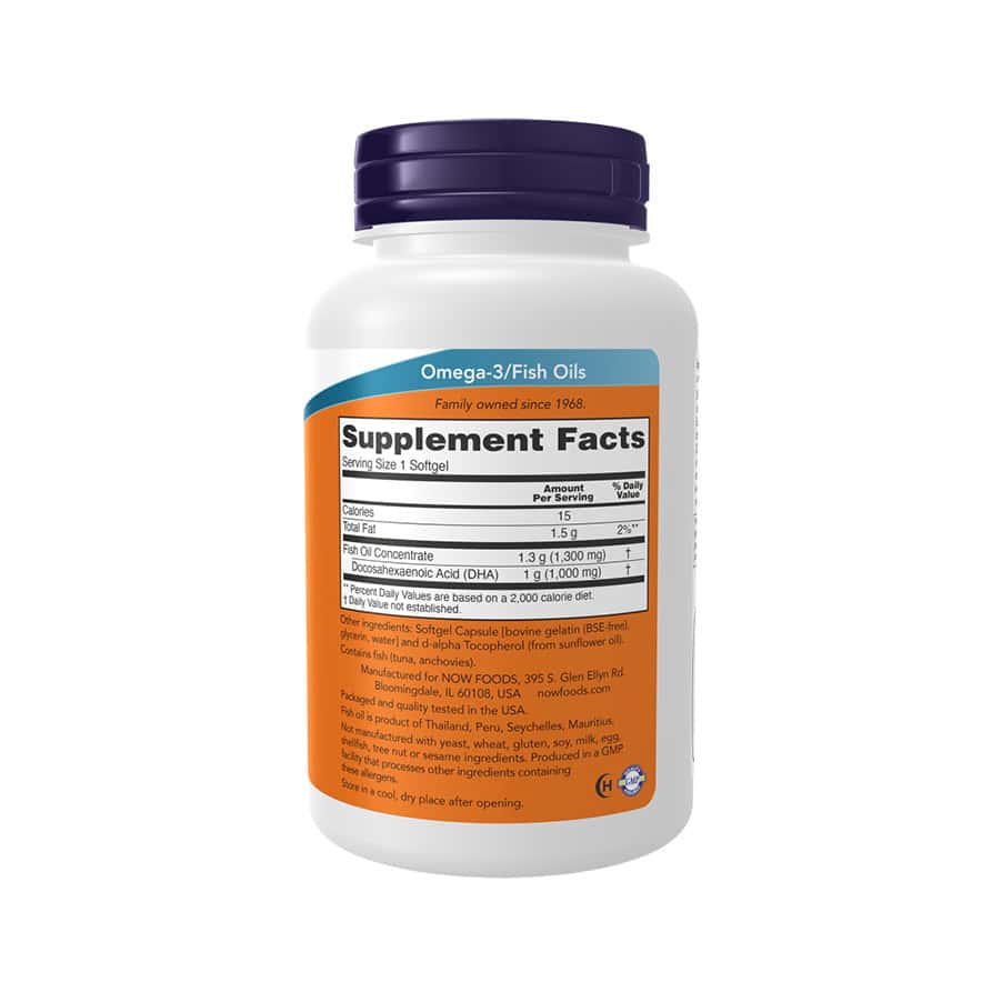 DHA-1000 Fish Oil 90 Cápsulas Now Foods O DHA-1000 Fish Oil 90 Cápsulas Now Foods é um suplemento de óleo de peixe concentrado, com elevada quantidade de DHA.