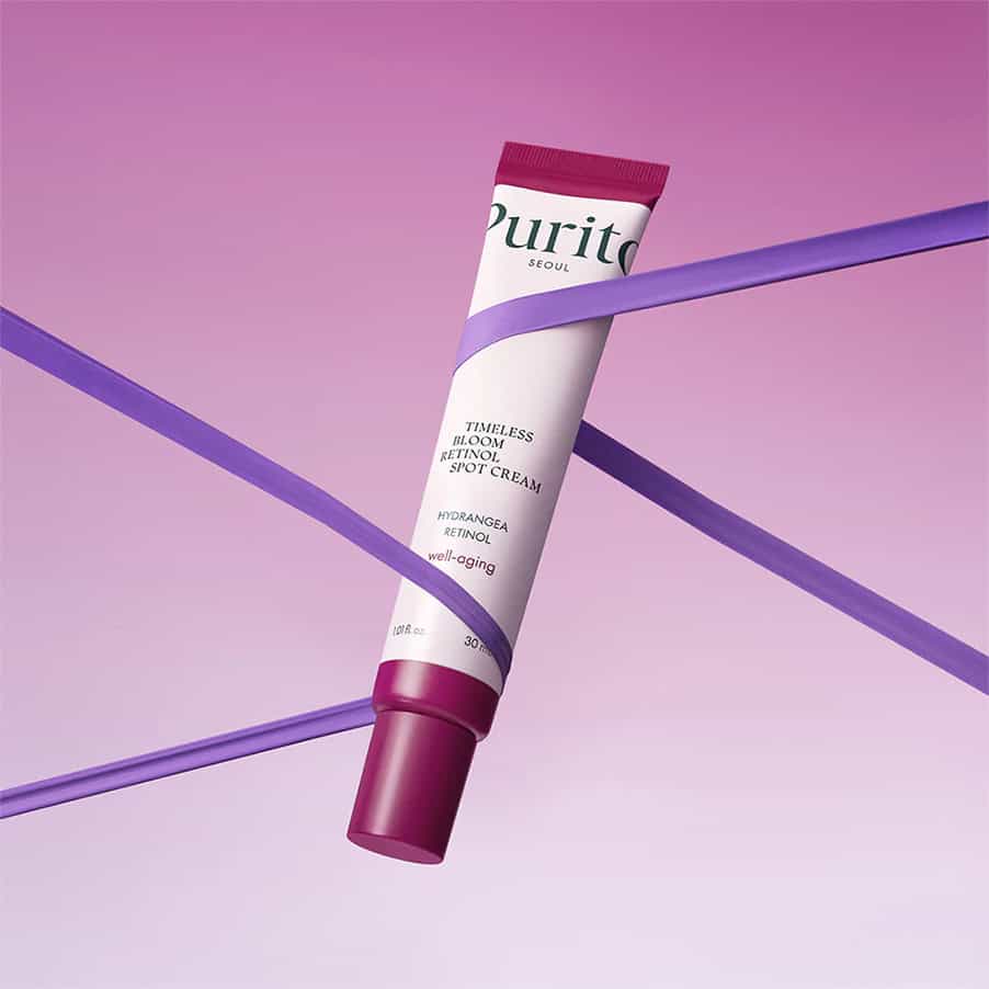 Creme localizado Timeless Bloom Retinol Spot Cream 30ml da Purito Seoul com retinol, bakuchiol e extrato de hortênsia.
