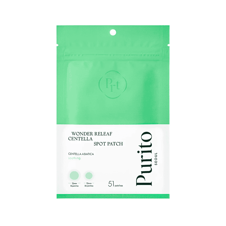 Spot Patch Wonder Releaf Centella da Purito Seoul com 51 adesivos hidrocoloides transparentes para imperfeições.

