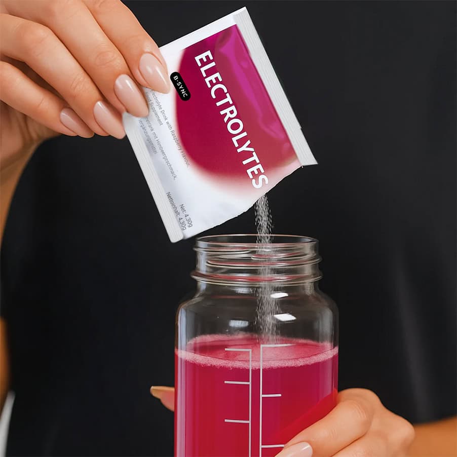 Eletrólitos B-Sync é um suplemento alimentar em pó para preparar bebida com eletrólitos, apresentado em saquetas individuais.
