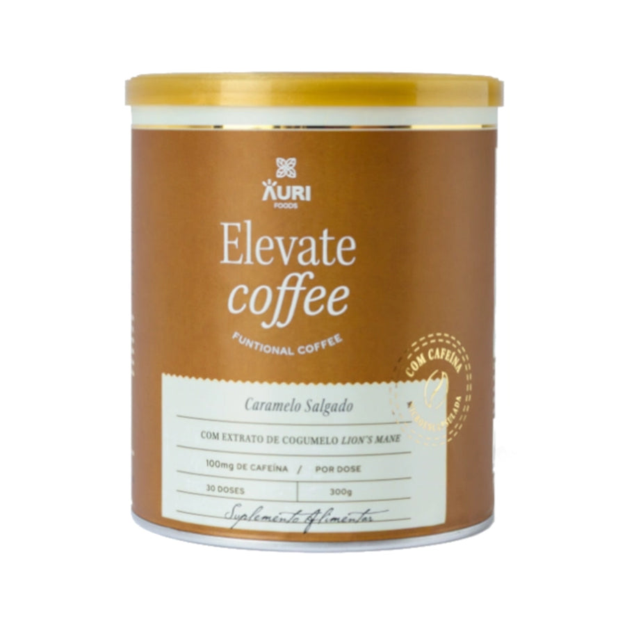 Elevate Coffee Caramelo Salgado é um suplemento alimentar em pó com cafeína, taurina, colina, N-acetil-carnitina e extrato de cogumelo Lion’s Mane.