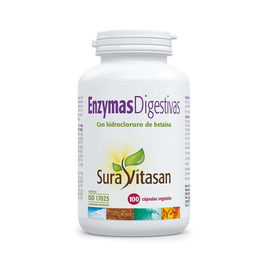 Enzymas Digestivas é um suplemento alimentar em cápsulas que combina pancreatina, betaína (HCl), extrato de bilis, papaína e pepsina.