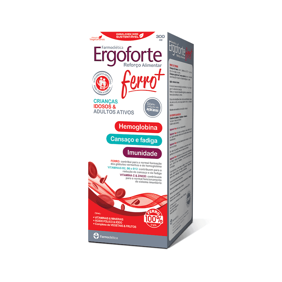 O Ergoforte Ferro da Farmodiética foi desenvolvido para complementar o regime alimentar diário e compensar as necessidades nutricionais de toda a família.