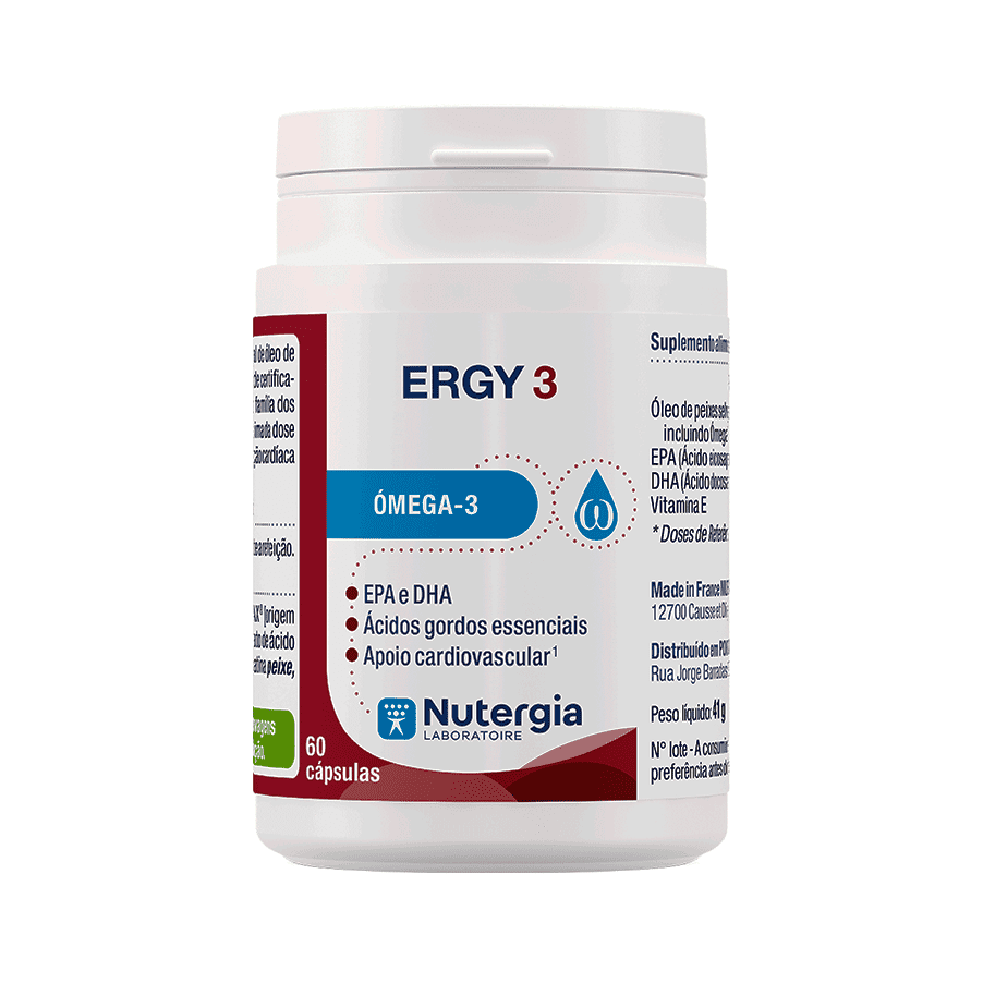 ERGY 3, da Nutergia é um suplemente de óleos de peixes selvagens com qualidade certificada que ajuda na prevenção dos riscos cardiovasculares e na manutenção de uma visão normal.