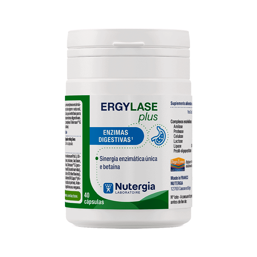 ERGYLase PLUS é um Suplemento alimentar à base de 6 enzimas, de betaína, de cálcio e de vitaminas B que apoia o bom funcionamento das enzimas digestivas.