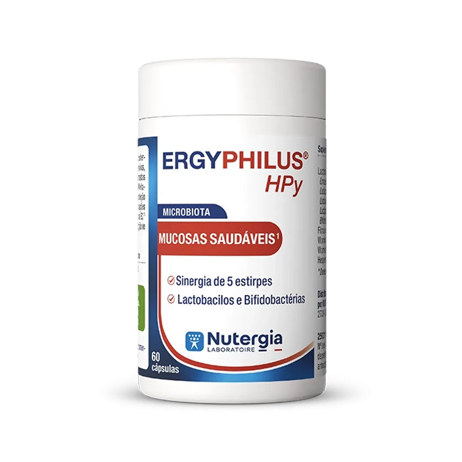 Ergyphilus HPy Nutergia, suplemento alimentar com lactobacilos, bifidobactérias e vitaminas B2 e C, em embalagem de 60 cápsulas.