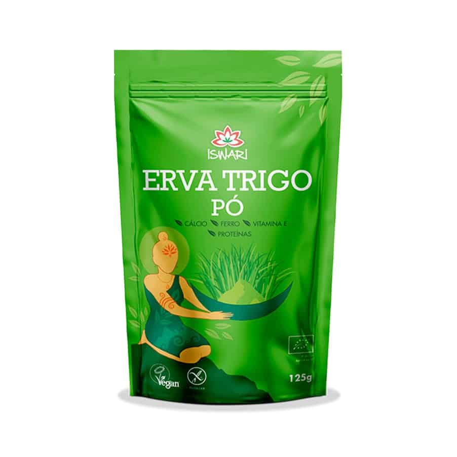 Erva de Trigo em Pó 125g Iswari, pó vegetal verde para batidos, sumos e receitas.
