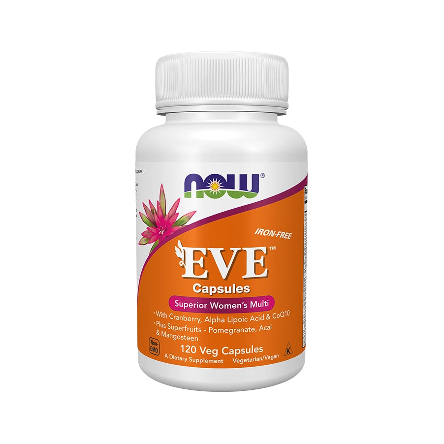 EVE da Now Foods é um suplemento alimentar multivitamínico em cápsulas vegetais, desenvolvido para mulheres adultas. 