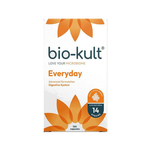 Bio-Kult Everyday 120 cápsulas com 14 estirpes de bactérias vivas para uma digestão saudável. Prático, sem refrigeração! Aceda já no Peixe Verde!