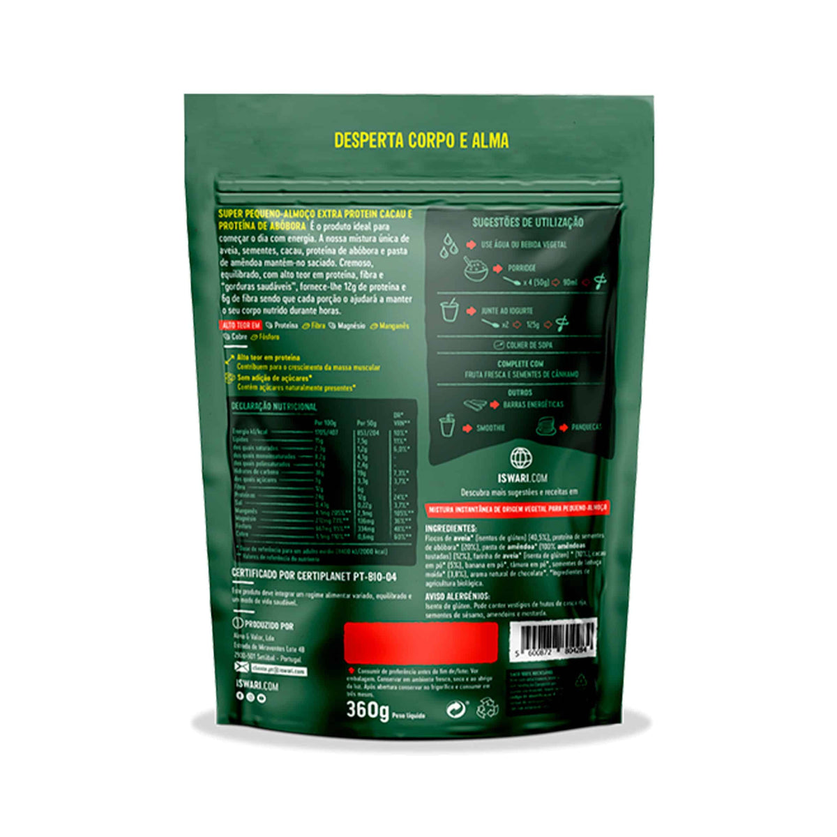 Super Pequeno-Almoço Extra Proteína 360gr Iswari em embalagem de mistura proteica para pequeno-almoço.
