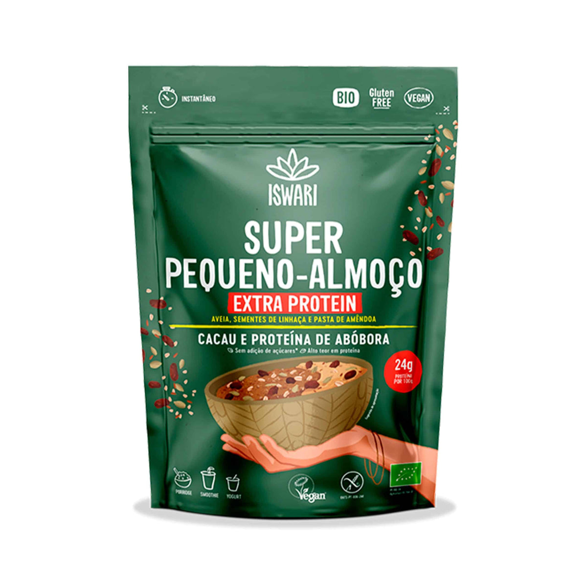 Super Pequeno-Almoço Extra Proteína 360gr Iswari em embalagem de mistura proteica para pequeno-almoço.
