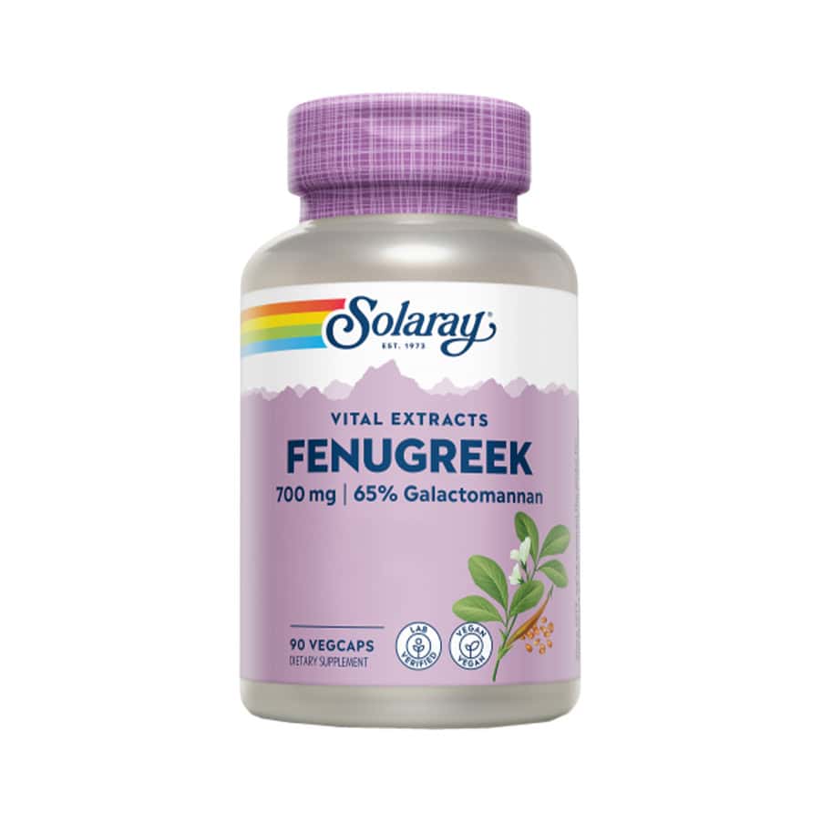 frasco de suplemento alimentar Extrato de Semente de Fenugreek 90 cápsulas Solaray, suplemento natural para apoio digestivo e controlo de peso