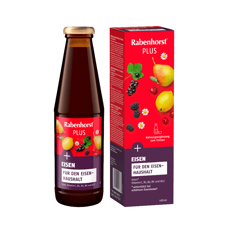 Frasco de 450ml do suplemento de ferro Eisenblut Rabenhorst, com rótulo em vermelho e dourado, posicionado em fundo branco.