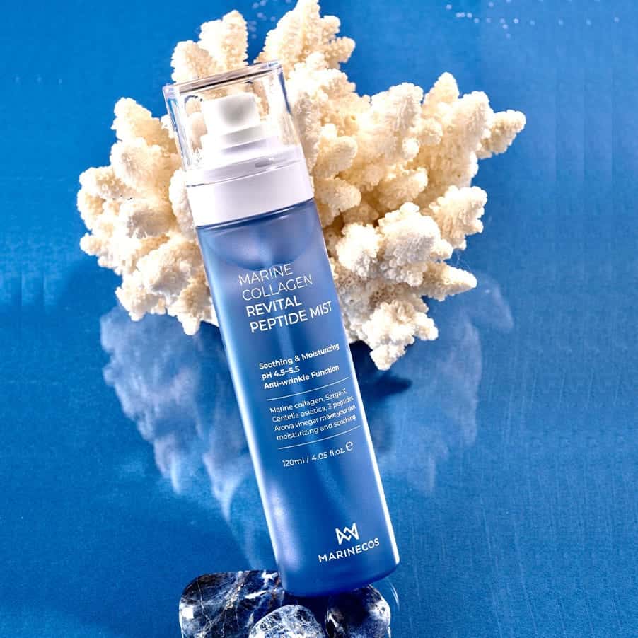 Marine Collagen Revital Peptide Mist 120ml Marinecos, bruma facial com colagénio marinho, péptidos, centella asiática e geleia real para hidratar e refrescar a pele.