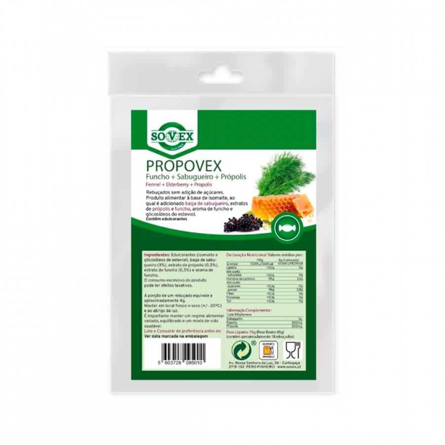 Produto alimentar à base de isomalte ao qual é adicionado baga de sabugueiro, extratos de própolis e funcho, aroma de funcho e glicosídeos do esteviol.