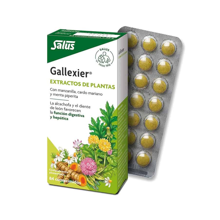 Gallexier 84 comprimidos Salus, suplemento natural com extratos de plantas amargas que favorecem a digestão e o bom funcionamento do fígado e vesícula biliar.