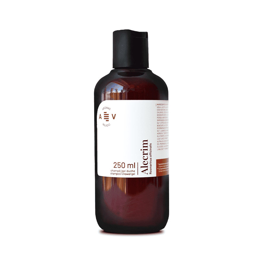 Champô e Gel Duche de origem natural, hidratante, enriquecido com óleo vegetal de abacate e jojoba e aromatizado com óleo essencial de alecrim.