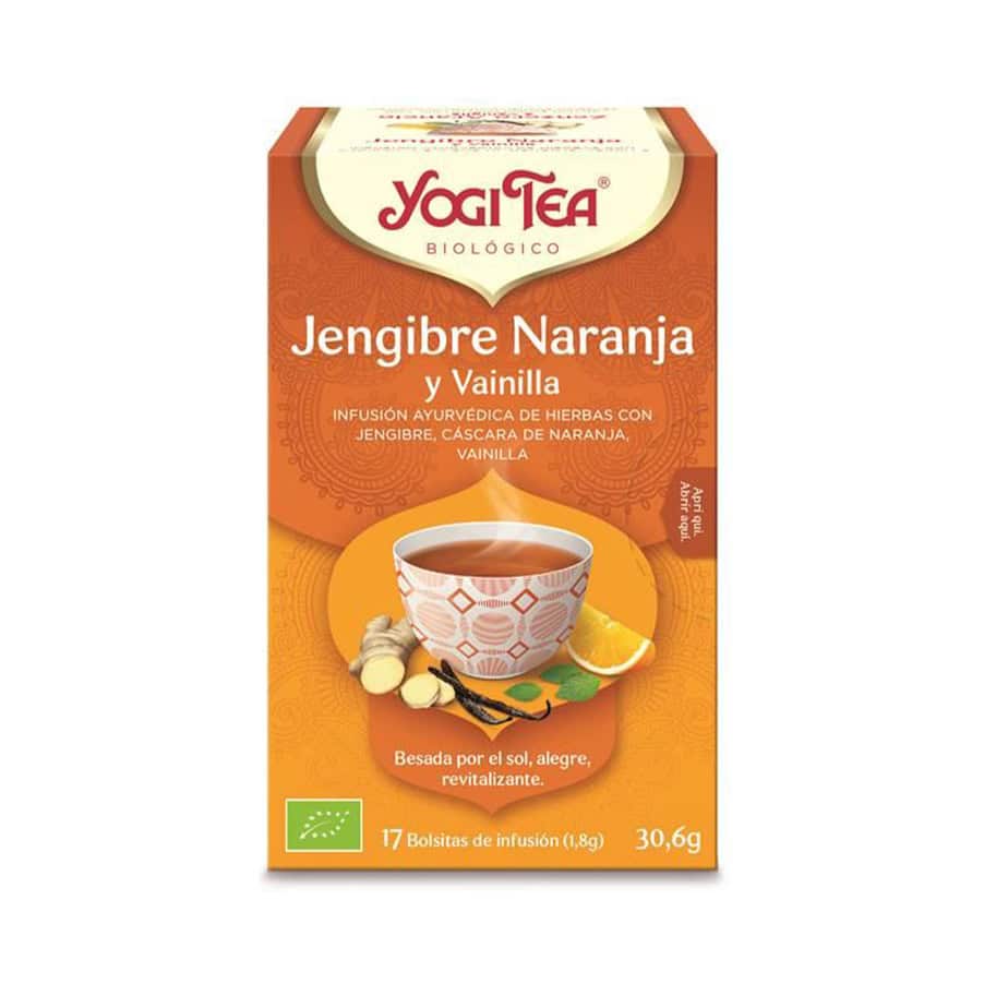Chá de ervas biológico Yogi Tea de gengibre, laranja e baunilha em embalagem de 17 saquetas, mistura aromática e reconfortante.