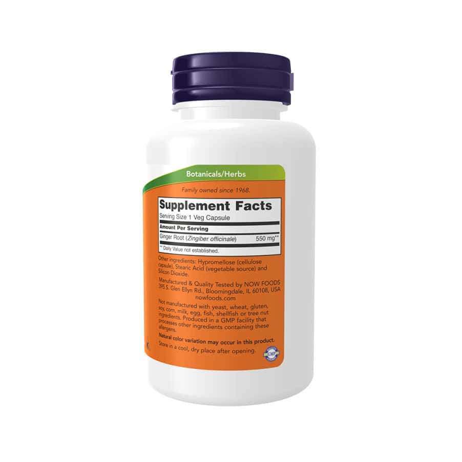 O Ginger Root 550mg 100 Cápsulas Now Foods é um suplemento de raiz de gengibre, utilizada para apoiar o conforto digestivo e o bem-estar diário.