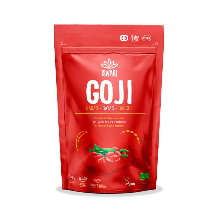 Bagas Goji Bio 125gr Iswari em embalagem de superalimento biológico.