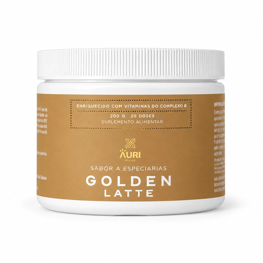 Golden Latte Auri Foods, preparado em pó com cúrcuma e especiarias, em embalagem de 200 g.