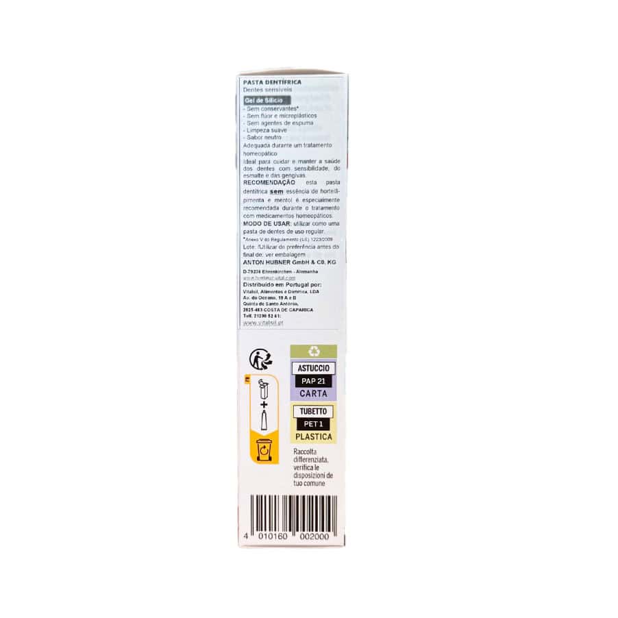 Tubo de Pasta Dentífrica Silicea sem mentol da marca Hubner, embalagem de 50ml, ideal para cuidados bucais naturais e sem flúor.