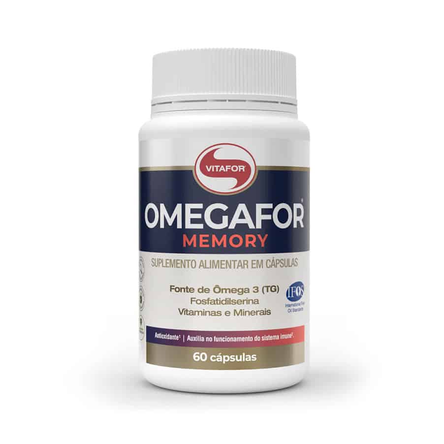 Frasco de Omegafor Memory 60 cápsulas da Vitafor, suplemento alimentar com ômega-3, DHA e EPA para suporte à memória e função cognitiva.