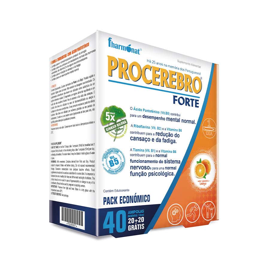 Procerebro Forte 40 Ampolas Fharmonat é uma fórmula com ação rápida, indicada para diminuir o cansaço físico e o stress, aumentar a capacidade de concentração...