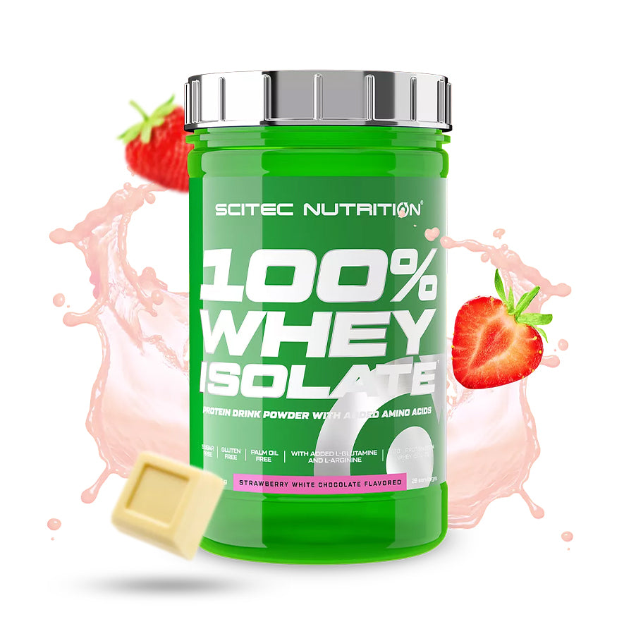 A 100% Whey Isolate Scitec Nutrition é uma proteína em pó com sabor a baunilha chocolate e morango com chocolate branco, formulada com proteína isolada de soro de leite. 