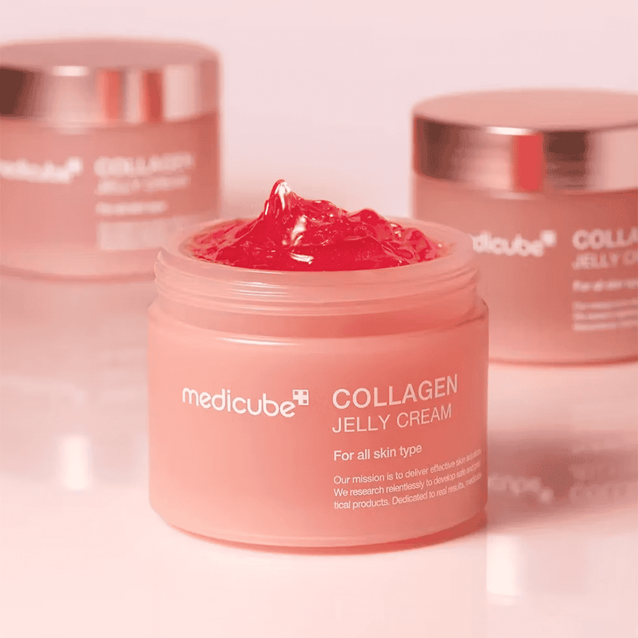Frasco do Jelly Cream de Colagénio 110ml da Medicube, creme hidratante para firmeza e elasticidade da pele.