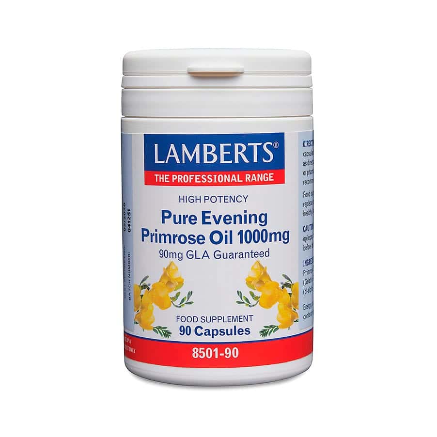 Óleo de Onagra Puro 1000mg 90 Cápsulas Lamberts, suplemento alimentar em cápsulas com óleo de onagra.