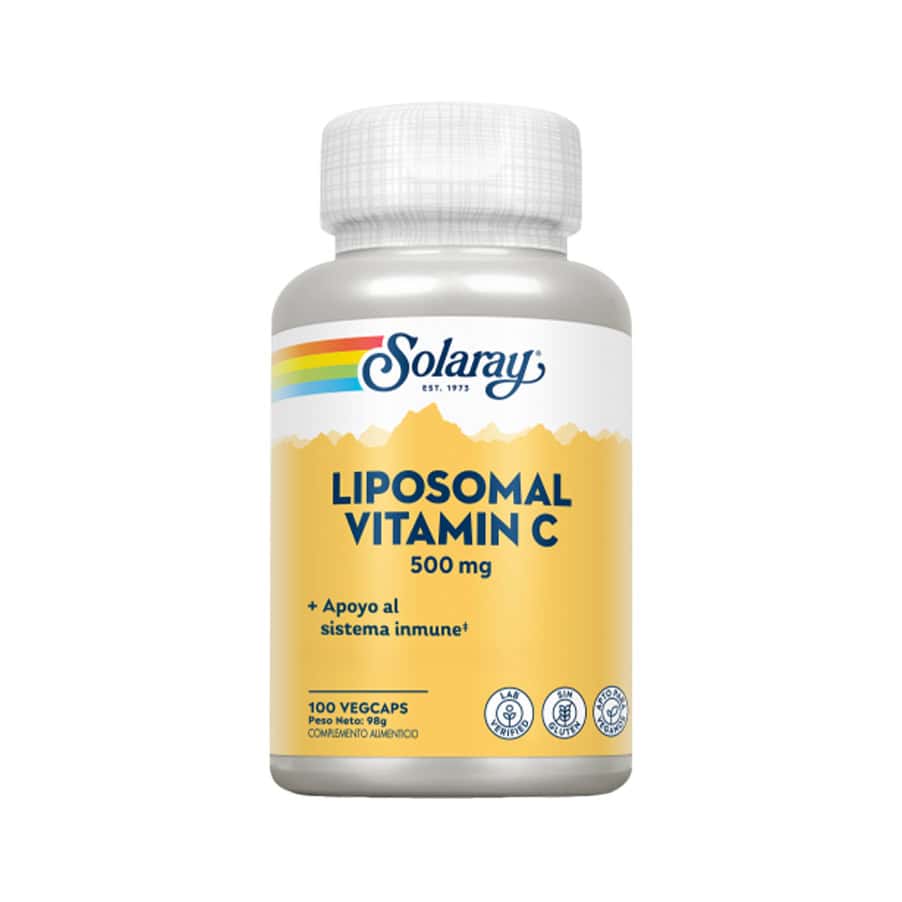 Frasco de suplemento Solaray Liposomal Vitamina C 500mg com 100 cápsulas, fórmula lipossomal para alta absorção e reforço imunitário.