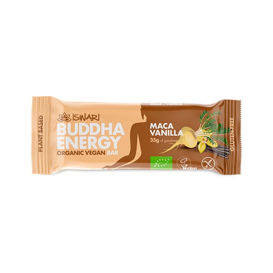 Buddha Energy Bar Maca Baunilha 35 g Iswari, barra biológica com maca e sabor a baunilha.