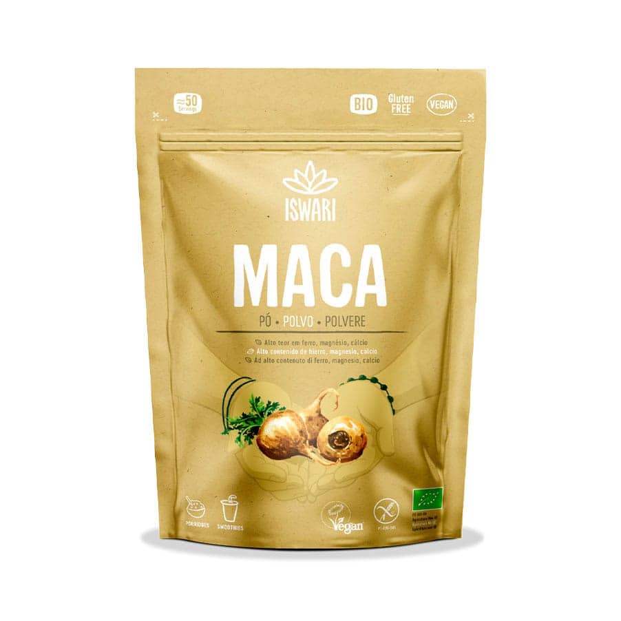Maca em Pó 125g Iswari, raiz de maca em pó para batidos, papas e receitas.