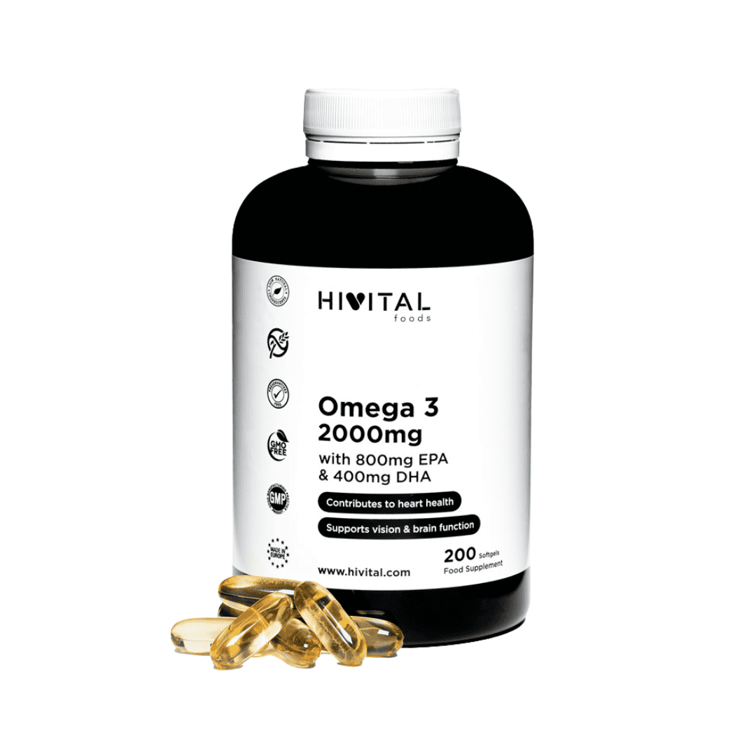 Ómega 3 2000mg Hivital com 200 cápsulas moles, suplemento alimentar com EPA, DHA e vitamina E.
