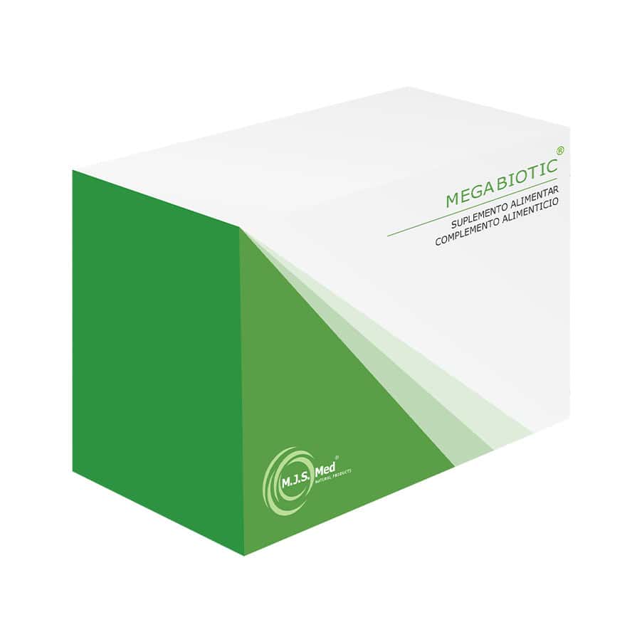 Megabiotic 30 saquetas MJS Med em caixa, suplemento probiótico para reforço da flora intestinal.